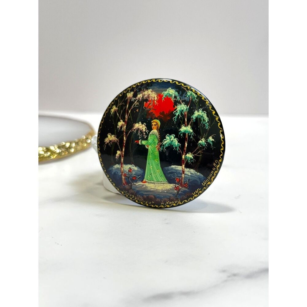 Vintage Hand-painted Russian Black Lacquered Brooch "Snow Maiden"